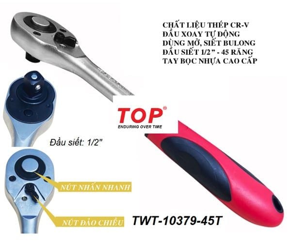 Cần siết tự động 1/2"  đầu vuông nhanh 45 răng, cán tròn - TOP TWT-10379-45T